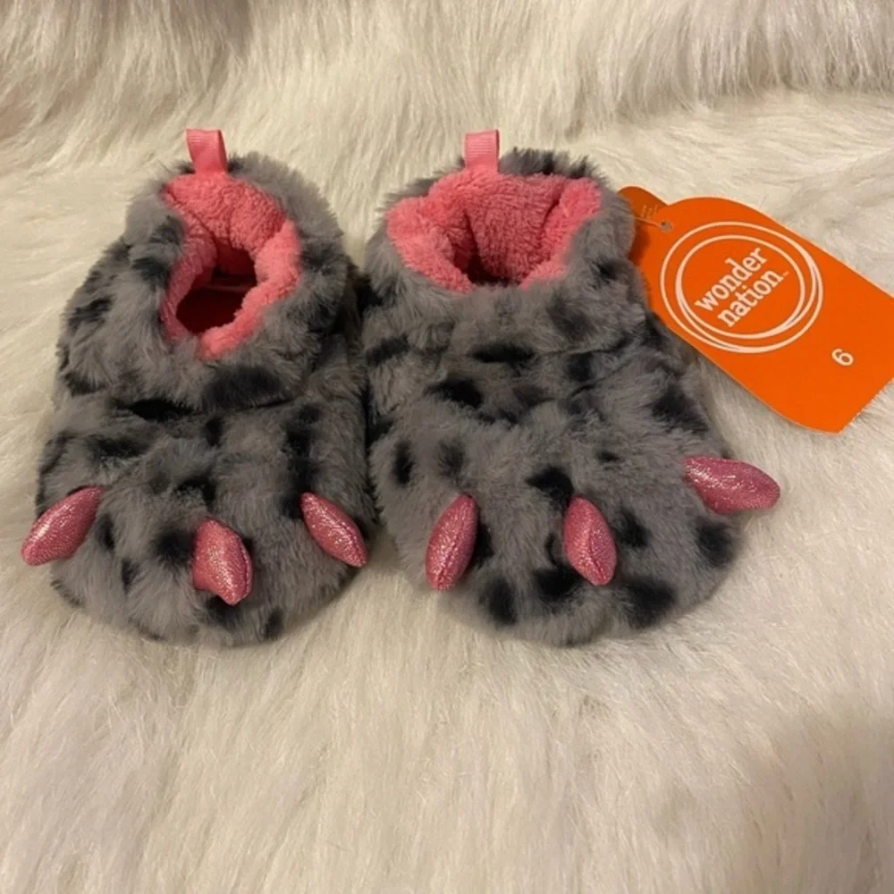 Wonder‎ Nation Slippers Girls Toddler Size 6 Gray Pink Animal Claw Slip On